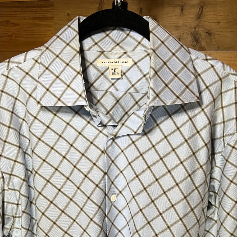 Vintage Banana Republic Men's Light Blue Plaid Dress Shirt French Cuff